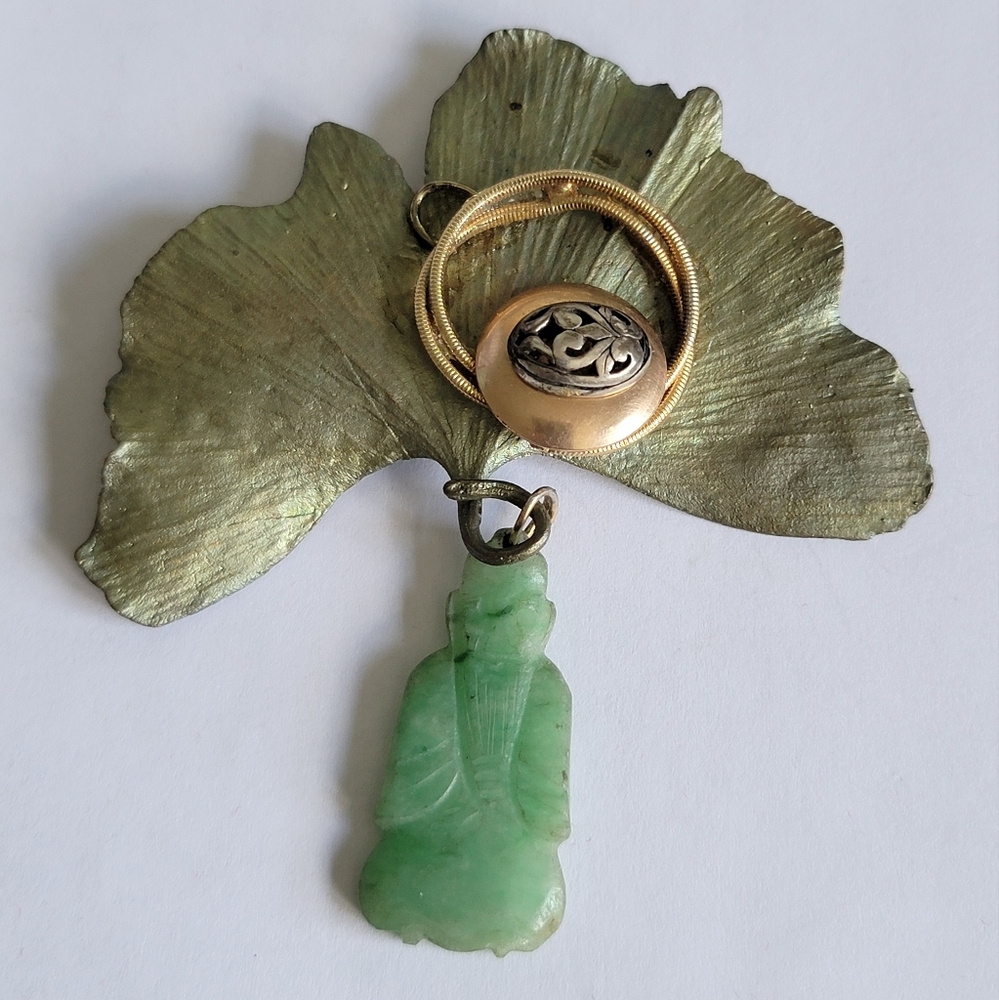 Vintage Estate Silver and Jade Ginko Leaf Handmade Brooch